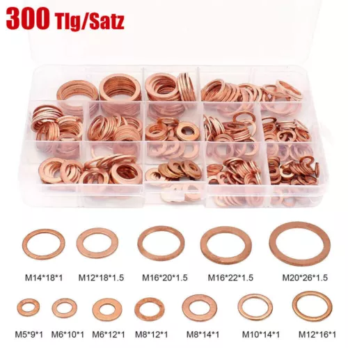 300/400 STCK. Massives Kupfer Quetschscheibe Dichtungssatz Flach O-Ring Dichtung Sortiment Kit - Bild 3 von 12