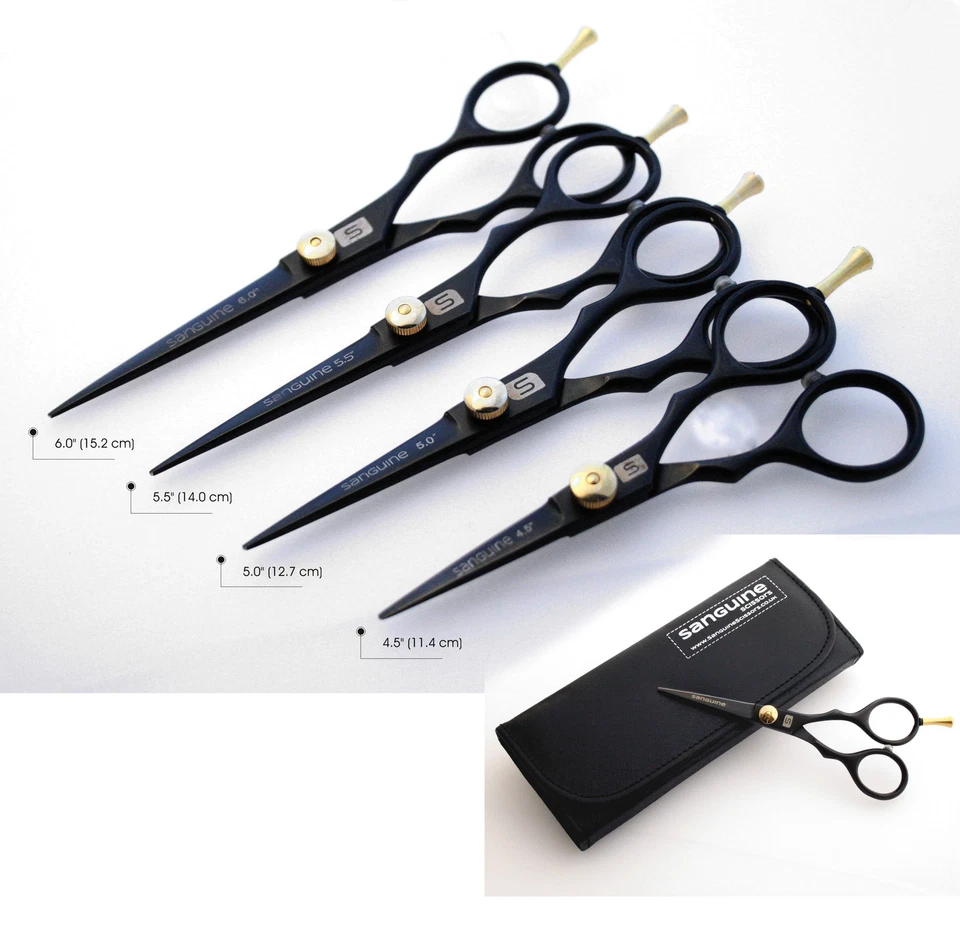 SANGUINE Deep Black Hairdressing Scissors, Barber Hair Scissors All Sizes + Case