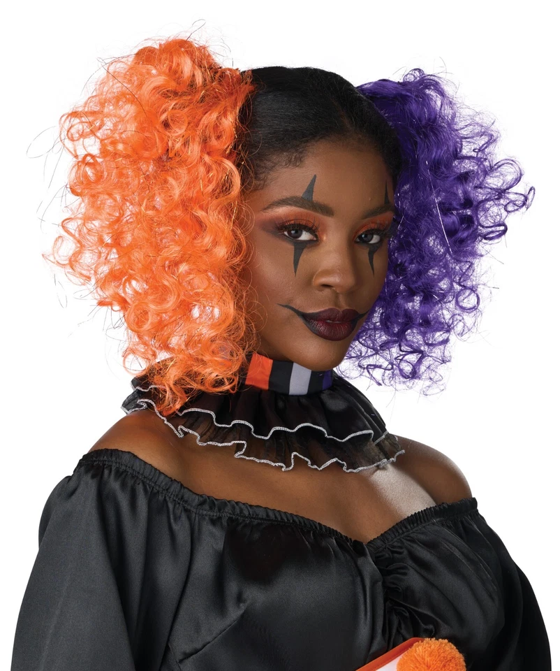 Clipes de peruca encaracolada adulto roxo e laranja palhaço circo gótico - Imagem 3 de 3