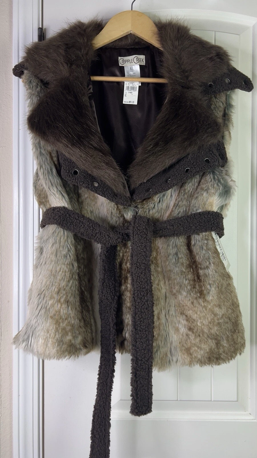 Cripple Creek Women's Faux Fur Vest Belted XL Brown Steampunk Western Glam Mobwi