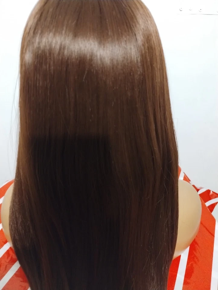 Peluca de cabello sintético marrón rojizo, suave, encaje, frontal, larga recta Foto 4 de 4