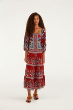 Farm Rio Lenço Náutico Puff Sleeve Square Neck Midi Dress Red Scarf Print