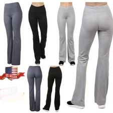 Women Yoga Pants Soft Cotton Wide Waist Band Flare Hem Leg Bootcut Workout Gym