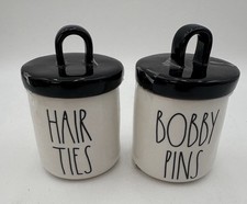 RAE DUNN Hair Ties and Bobby Pins Looped Lid Canisters VHTF White  Black NIB