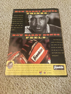 #ad Vintage 1998 BARRY BONDS Franklin Batting Gloves Poster Print Ad GIANTS 1990s $7.99