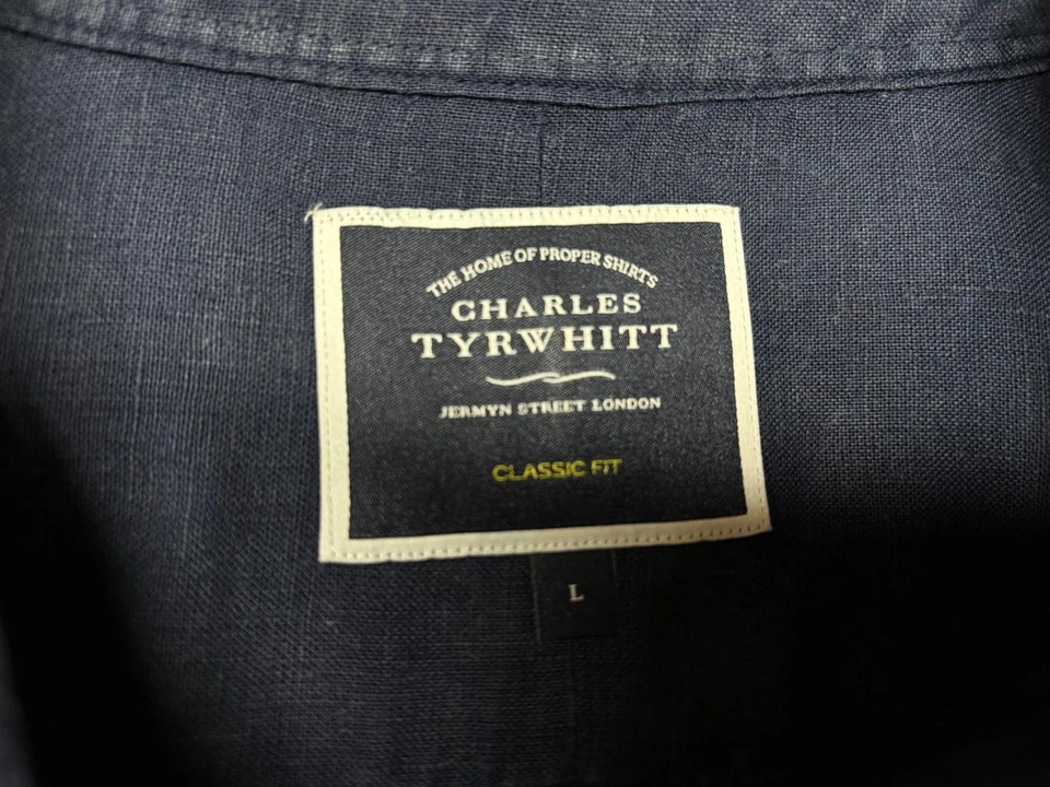 Camisa Charles Tyrwhitt Para Hombres Botón Frontal Manga Corta Mezcla de Lino Azul Marino Grande L Foto 4 de 4