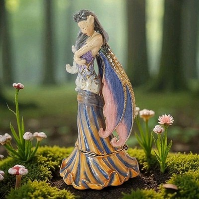 Rare Molly Harrison Solitide Fairy Trinket Box Enameled Pewter Signed 4.25''T
