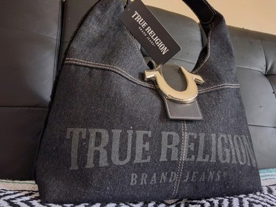 True Religion Women's Black Denim Shoulder Bag Gold Hardware Logo Accents