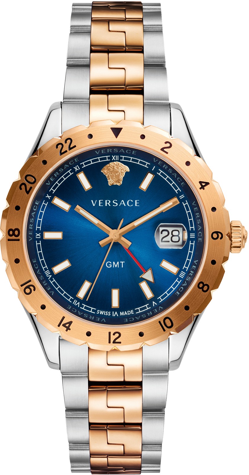 Versace V11060017 Hellenyium GMT blue silver rose gold Steel Men's Watch NEW