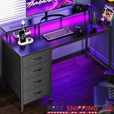 LED Desk W/ Drawers  RGB Light Strips USB Ports Monitor Stand Gaming Office