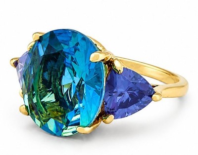 LAB CREATED 5.75 Cts TOURMALINE & TANZANITE RING 10k SOLID YELLOW GOLD - NWT