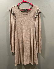 by & by Women's Taupe Solid Knit Sweater Dress Ruffle Round Neck Long Sleeve L