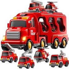 Fire Truck Toys for Toddler 1-3 3-5, 5-in-1 Fire Car Carrier Vehicle Set for Gir