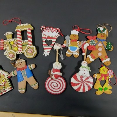 Set Of 9 Candy Land Santa Polymer Clay Christmas Ornaments Gingerbread Bundle