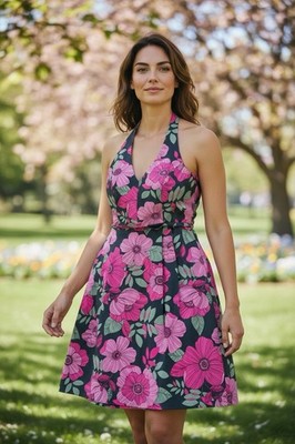 VTG David Meister Dress Womens Size 6 Colorful Floral Halter Sheath Stretch