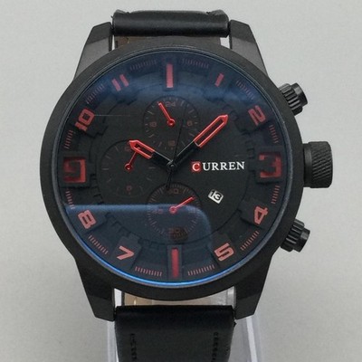 Curren Mens Watch 47mm Black Red Dial Faux Chrono Date M-8225 Quartz