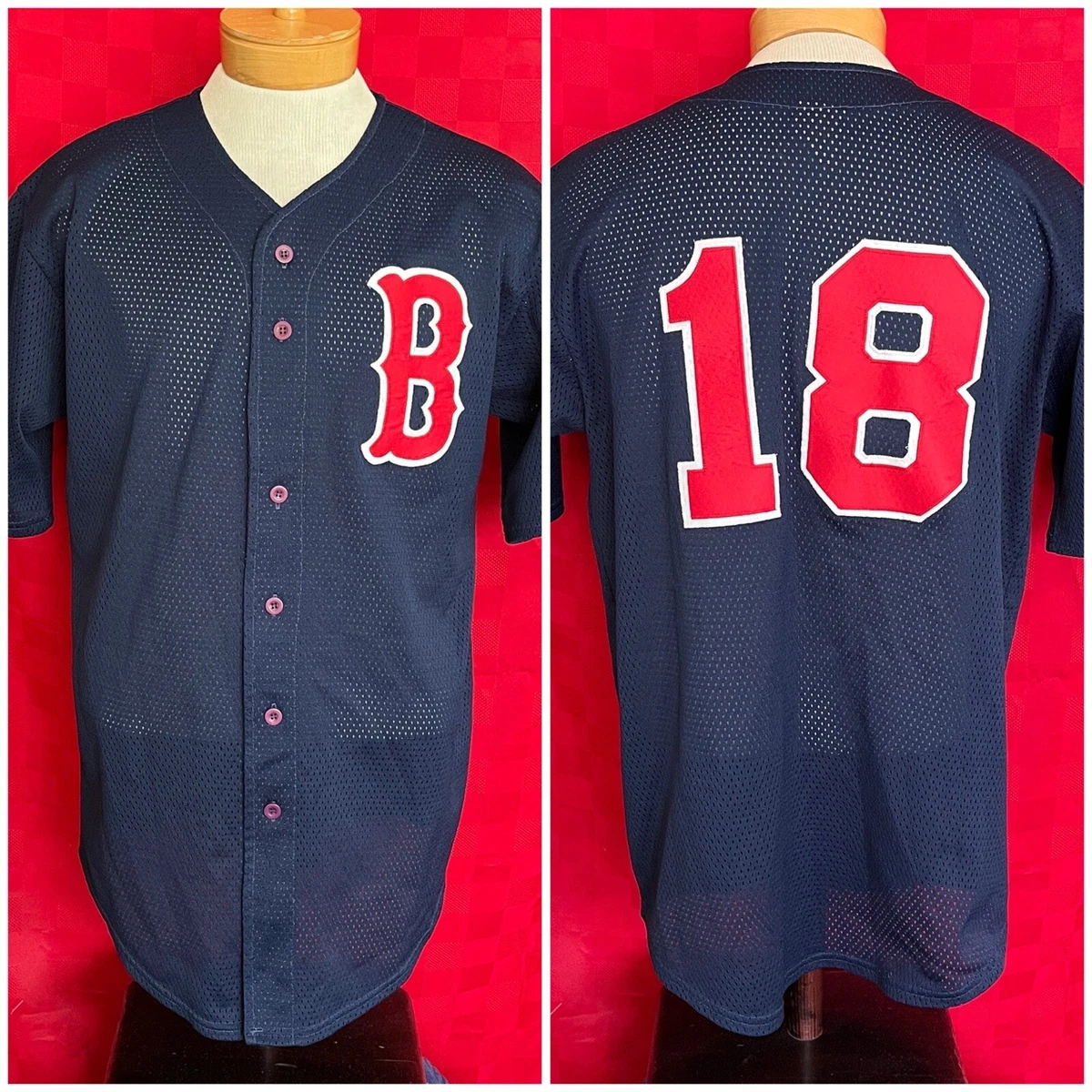 VINTAGE Retro 1990s Mesh Boston Red Sox SEWN MLB Baseball Jersey #18 Size XL