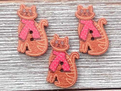 3 Brown Cat Red Scarf Buttons Sewing Crafting Wood 2 Hole 1 1/8"
