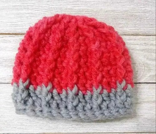crochet handmade unisex baby hat preemie beanie gray red USA seller