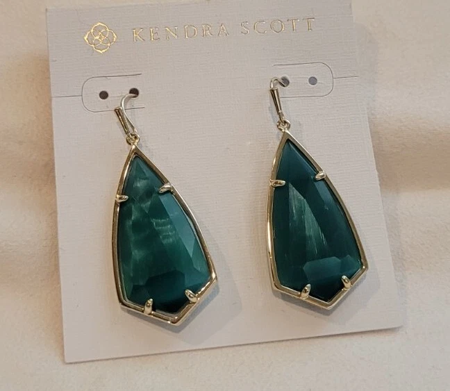 NWT Kendra Scott Green Emerald Cats Eye Faceted Earrings In Gold