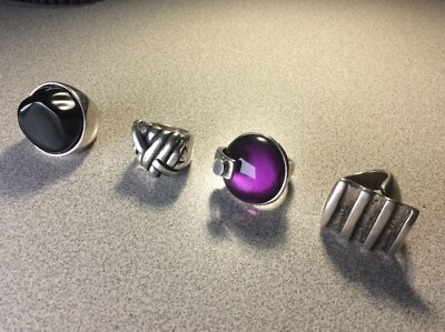 Museum Shop Rings, 4, Metal, 1 w/Purple Stone, 1 Black Stone, 2 w/Patterns