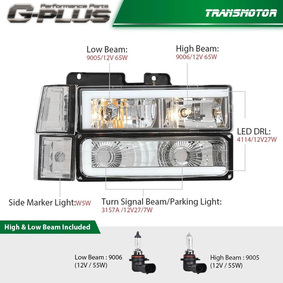 Fit For 94-98 C10 C/K Silverado LED DRL Headlight + Clear Bumper Corner Lamp - Image 3 of 4