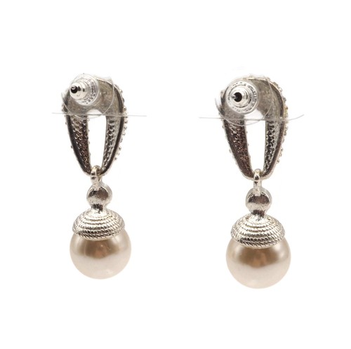 Silver Tone Crystal Rhinestone Faux Acrylic Pearl Dangle Drop Fashion Earrings - Picture 4 of 12