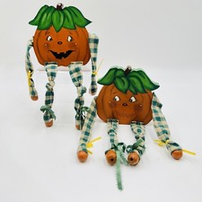 Lot 2 Pumpkin Shelf Sitter HandPainted Wood Fall Signed Farmhouse Country Decor