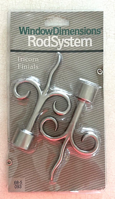 WINDOW DIMENSIONS~Rod System 2 Tricorn Finials VTG 1997 Silver color 1/2'' x 5/8''