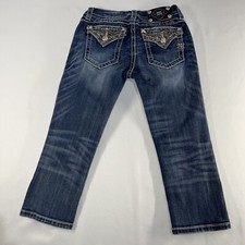 Miss Me Jeans Womens Size 26 Blue Signature Capri Denim Distressed Embellished