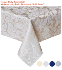 Tektrum 60"X84" Rectangular Damask Tablecloth-Waterproof/Stain Resistant (Beige)