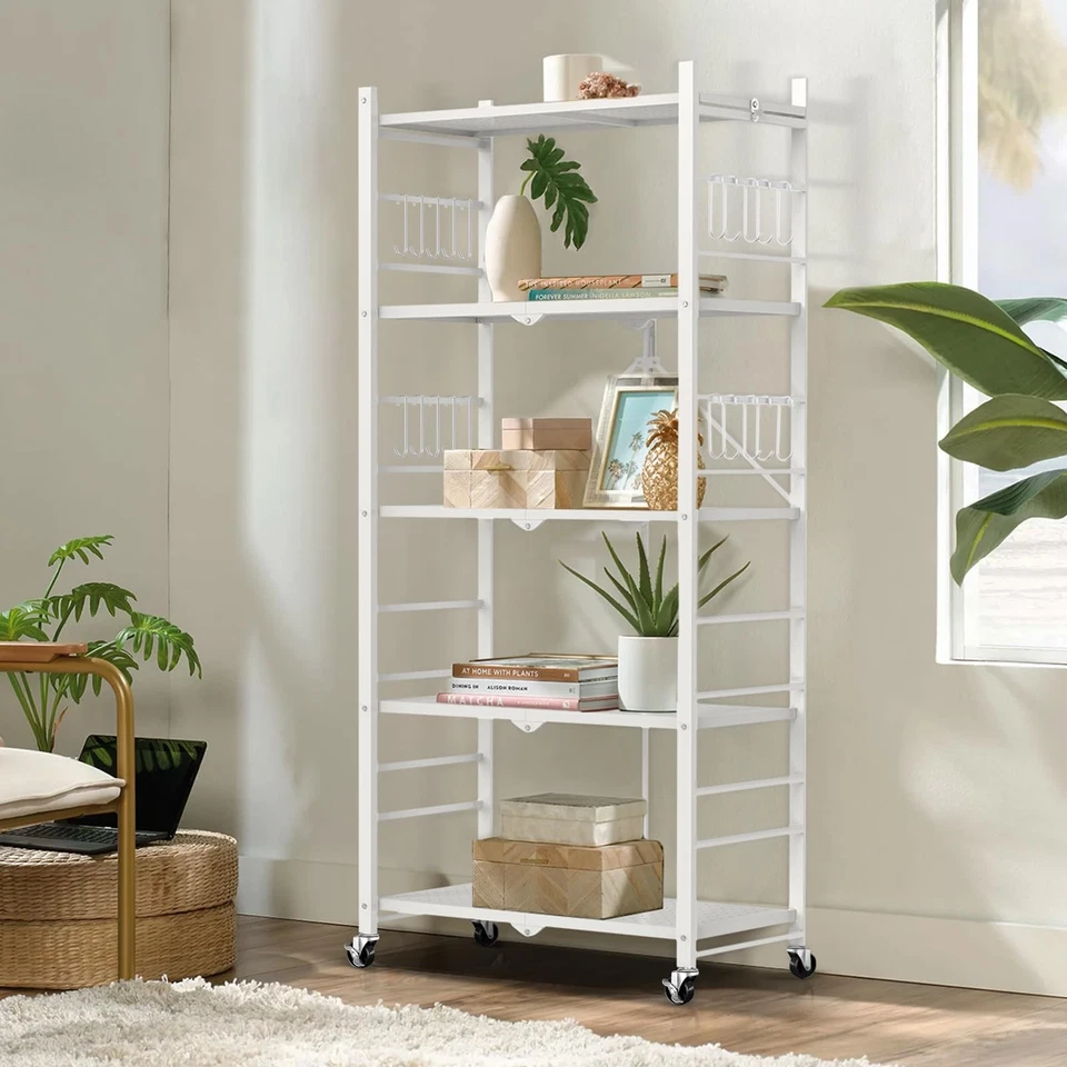 5-Tier Storage Folding Shelf with 20 Hooks, 4 Wheels, and Adjustable Feet, St... - Image 2 of 4