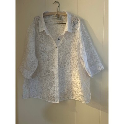 White Stag Plus Women 22W/24WSheer Floral Burnout Blouse Button Front White Top