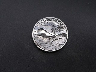 Island Scene w/ Palm & Distant Mountain – Buffalo Nickel Hand Carved Coin