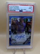 🔥2019 Bowman Chrome CASEY GOLDEN Blue Refractor Auto /150 PSA 9 Rockies RC⚾️OBO