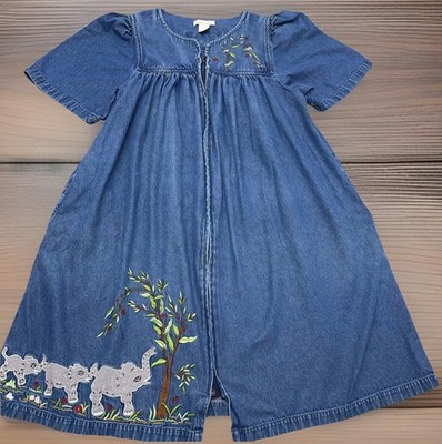 Bechamel House Patio Dress Vtg Denim Muumuu Petite S Safari Animals Embroidered*