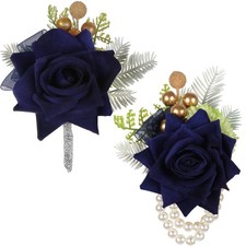 2Pcs Blue Corsage and Boutonniere Set, Artificial Rose Bridesmaid Bride Corsa...