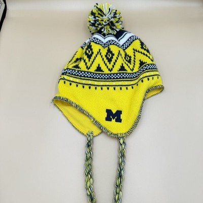 Adidas University of Michigan Logo Knit Earflap Pom Pom Hat Blue Yellow OS