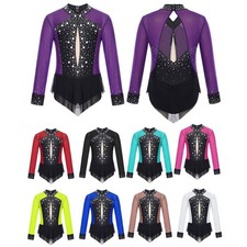 Kids Girls Leotard Sports Bodysuit Skirted Dress Sparkly Uniform Dance Costume