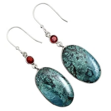 Natural Shattuckite - USA & Garnet 925 Sterling Silver Earrings Jewelry E-1002