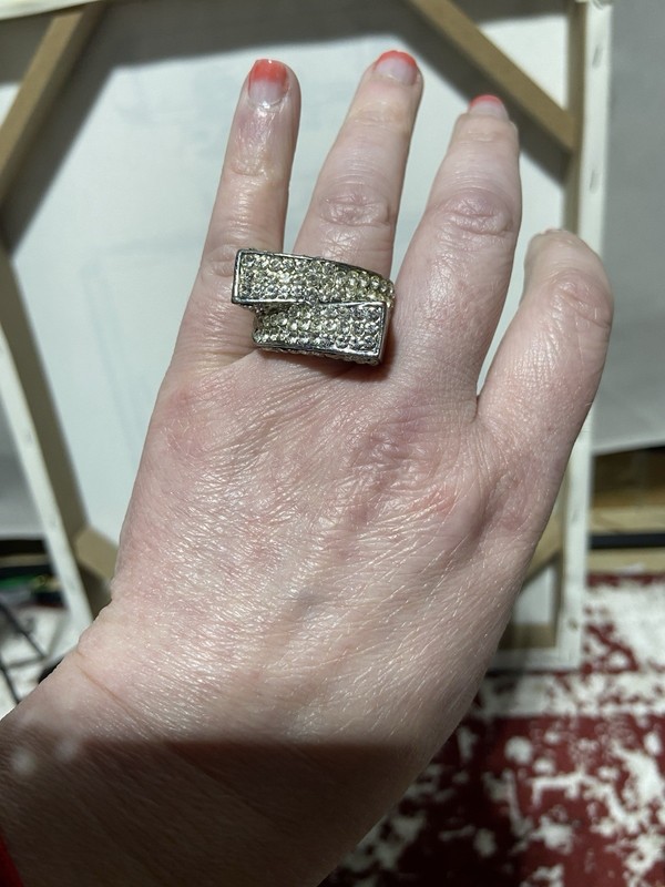 Silver Tone Rhinestone Buckle Statement Ring Chunky Cocktail Flexible Stretch
