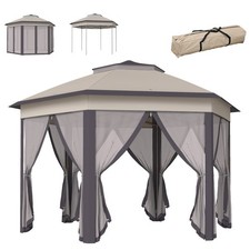 3 x 4m Garden Gazebo Hexagon Pop Up Gazebo Party Tent Canopy Double Roof Beige