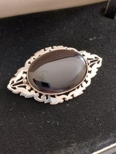 Vintage Large Sterling Silver Black Onyx Fancy Edge Oval Brooch 925 Jewellery