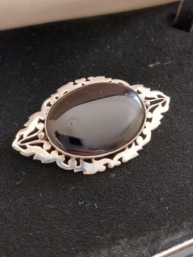 Vintage 50mm Solid Sterling Silver Black Onyx Mourning Brooch Gothic Jewellery