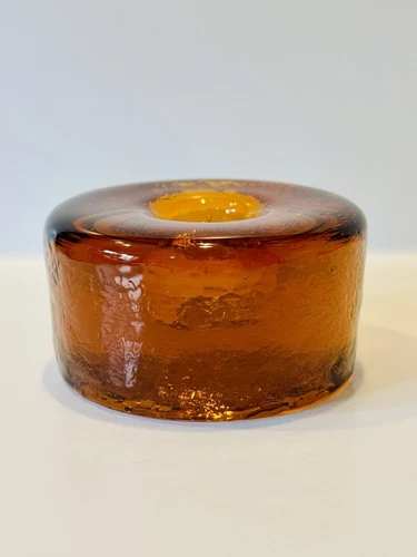 Blenko Vintage Art Glass Orange Candle Taper Holder Hockey Puck Style Chunky