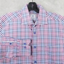 David Donahue Dress Shirt Mens 16.5 Purple Blue Check Spread Collar
