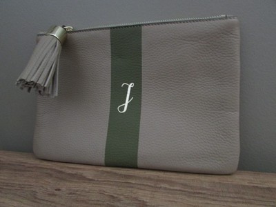 G.I.L.I. Haloguard Leather taupe tan/olive initial J Zip Pouch Clutch tassel Bag