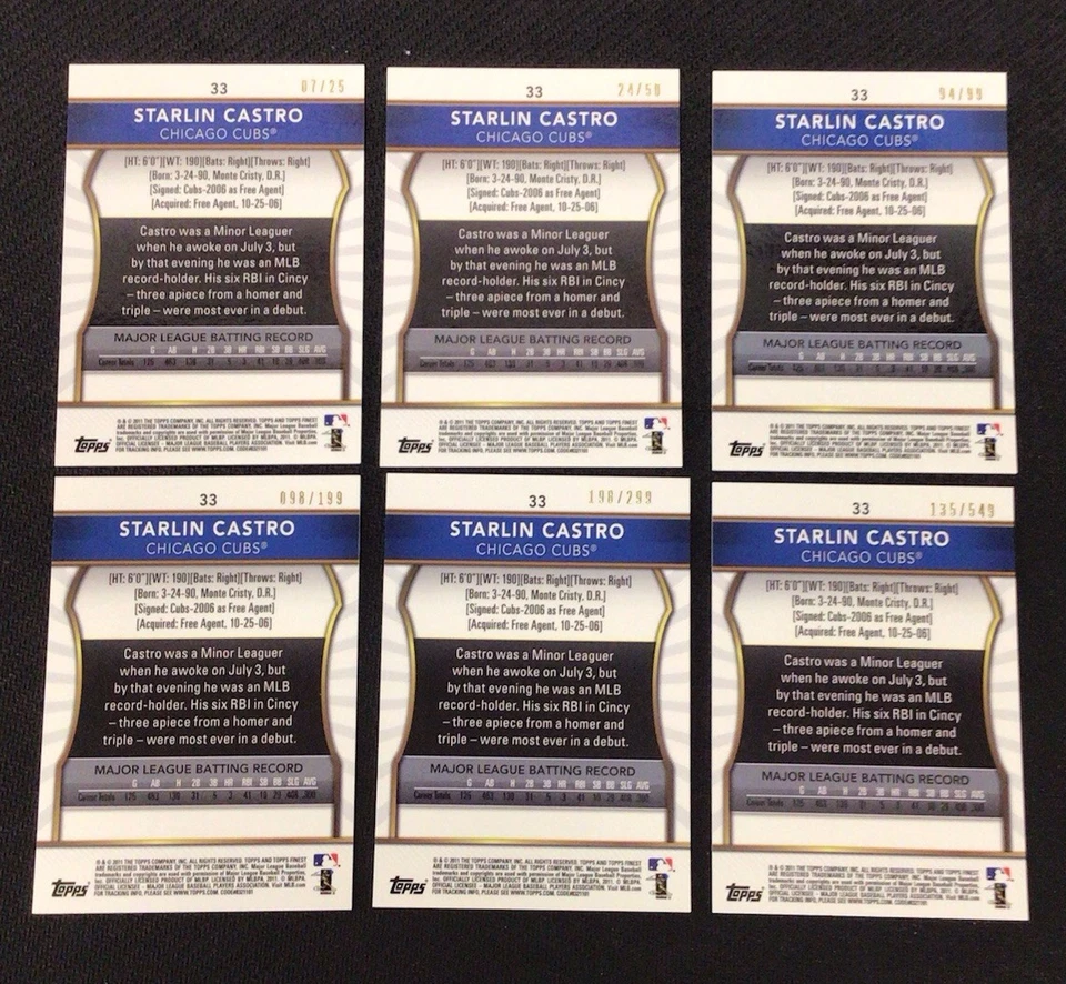 2011 Topps Finest Starlin Castro Red /25 Gold /50 Orange /99 Refractor Lot x6  - Image 2 of 2