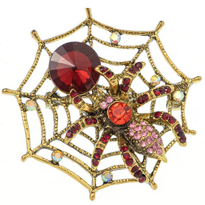 Halloween Gold Spider Web Brooch Red Rhinestone Crystal Retro Insect Gift Jewelr