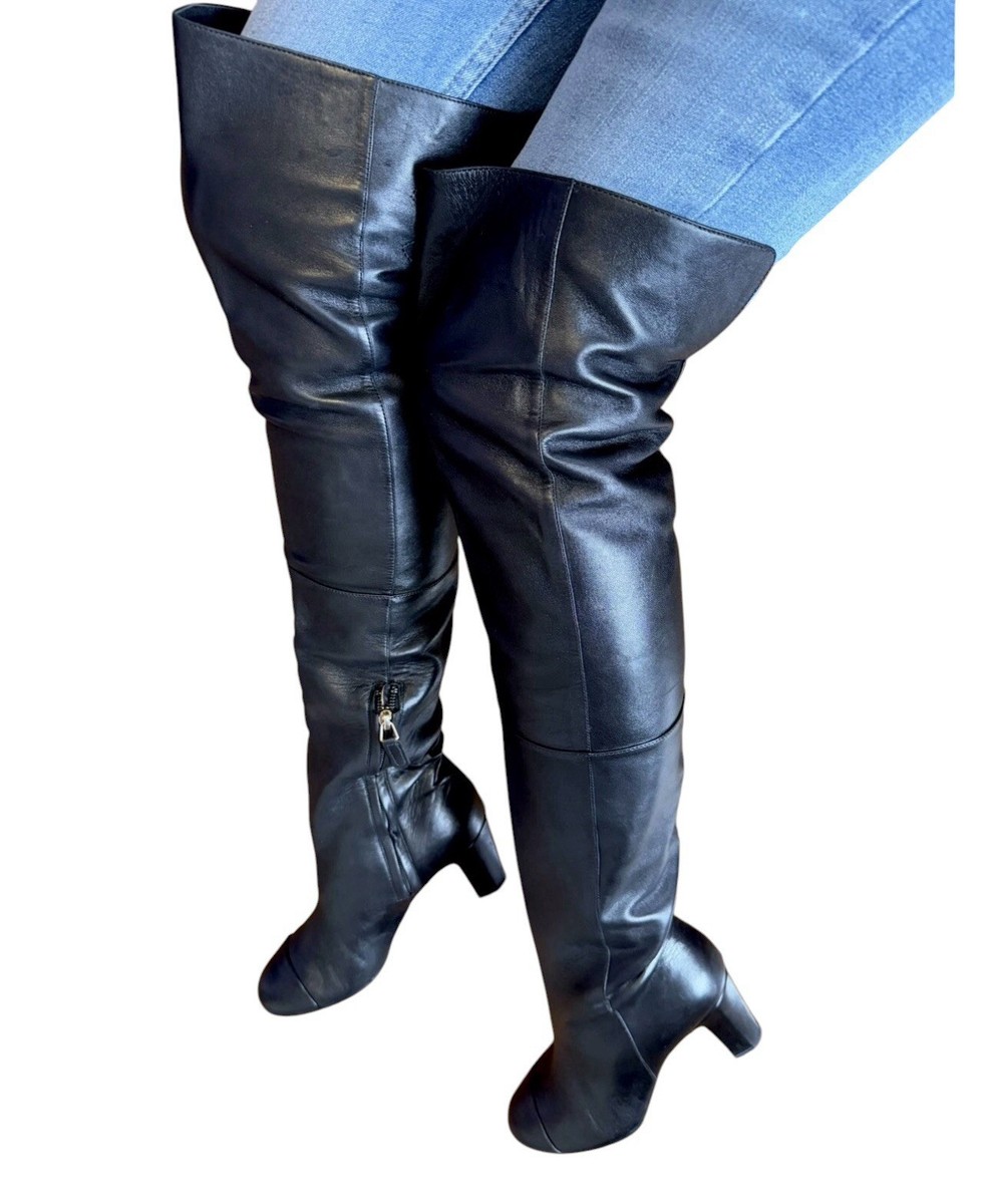 専用 CHANEL Leather CC Logo Boots 37 Chanel Black Leather CC Logo Over The Knee Thigh High Boots 37 EU